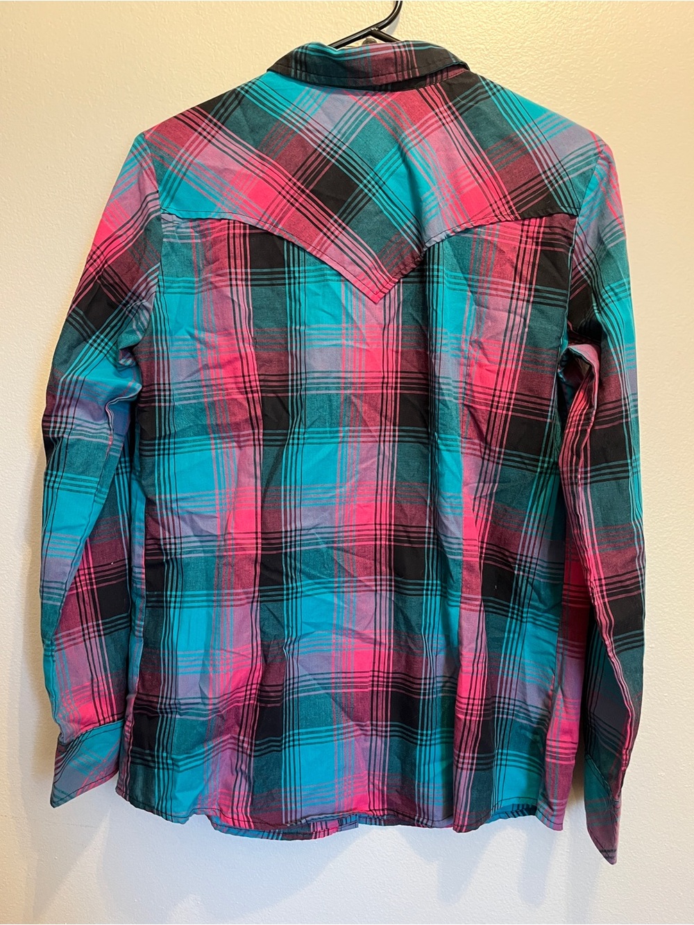 Wrangler Women's Western Plaid Pearl Snap Shirt Teal Pink Retro Vibe Size M - Picture 2 of 6